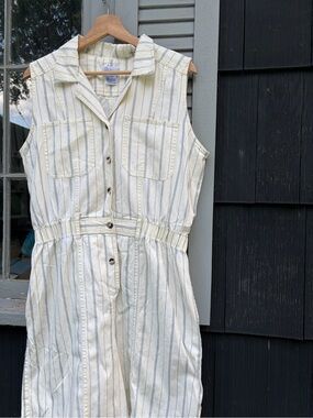 Sleeveless Striped Button-Front Jumpsuit in Light Cream